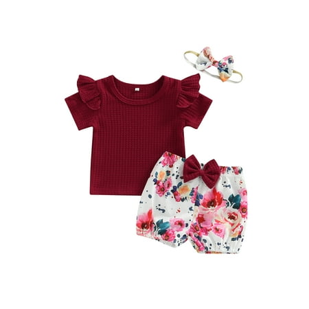 Frobukio Kids Toddler Girls Summer 3Pcs Outfits Solid Color Short Sleeve T-shirt + Floral Lantern Shorts + Headband Wine Red 6-9 Months
Frobukio Kids Toddler Girls Summer 3Pcs Outfits Solid Color Short Sleeve T-shirt + Floral Lantern Shorts + Headband Wine Red 6-9 Months