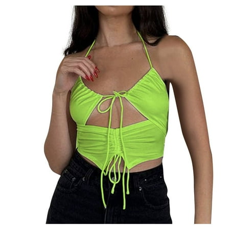 KDDYLITQ Women Bralette Strappy Vest Seamless Halter Sexy Bra Green XL