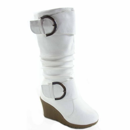 

Pure-65 Women s Fashion Round Toe Slouch Large Buckle Wedge Mid Calf Boot Shoes