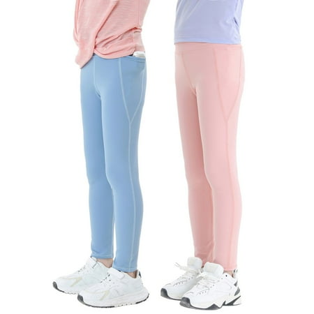 Girls Yoga Leggings Full Length Sport Pants 2 Pack Blue + Pink