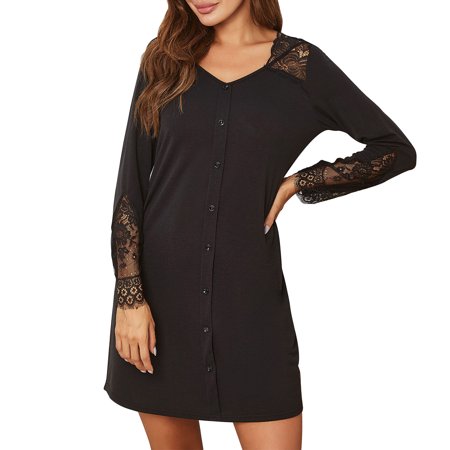 BLVB Women s Long Sleeve Nightgown V Neck Button Lace Nightshirt Casual Soft Night Dress Sleepwear Pajamas Black
BLVB Women s Long Sleeve Nightgown V Neck Button Lace Nightshirt Casual Soft Night Dress Sleepwear Pajamas Black