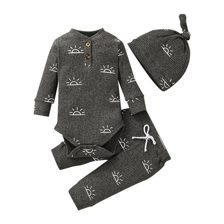 Binhe Baby Boy Girl Cotton Outdfit Sets Ribbed Long Sleeve Sun Print Button Design Romper And Elasticized Pants with Cap for Soft and Comfortable Wear
Binhe Baby Boy Girl Cotton Outdfit Sets Ribbed Long Sleeve Sun Print Button Design Romper And Elasticized Pants with Cap for Soft and Comfortable Wear