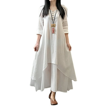 AMILIEe Cotton Linen Long Dress for Women Long Sleeve Ruffles Hem One-piece