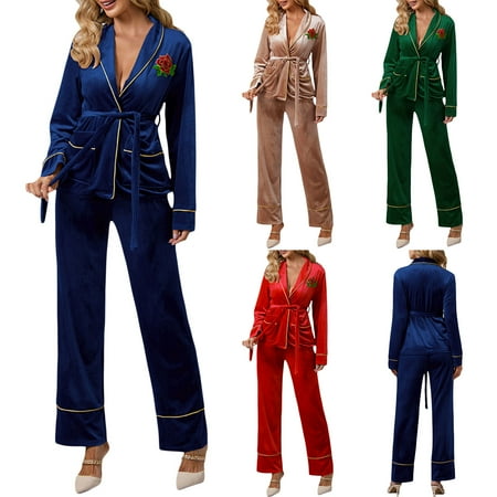 Sunisery Women 2 Piece Pajamas Set Long Sleeve Button Up Belted Tops + Pants Outfit Nightwear Loungewear PJ Sleepwear Suits
Sunisery Women 2 Piece Pajamas Set Long Sleeve Button Up Belted Tops + Pants Outfit Nightwear Loungewear PJ Sleepwear Suits