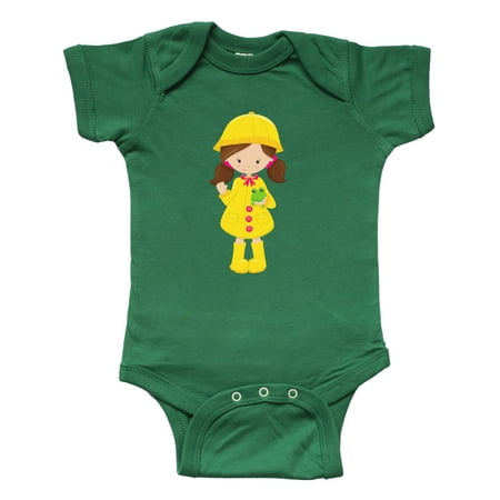 Inktastic Girl With Brown Hair Yellow Raincoat Frog Gift Baby Girl Bodysuit