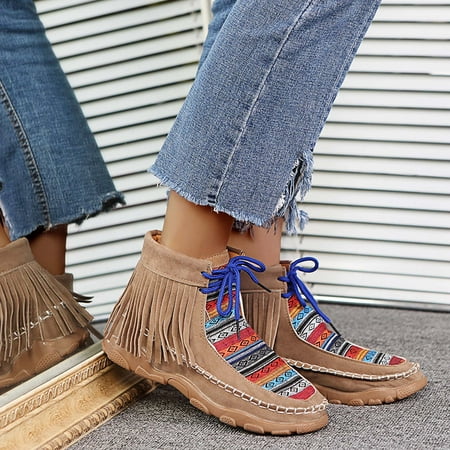 Egmy Retro Women Ethnic Style Suede Flat Lace-Up Tassel Short Booties Round Toe Shoes Khaki 40
Egmy Retro Women Ethnic Style Suede Flat Lace-Up Tassel Short Booties Round Toe Shoes Khaki 40