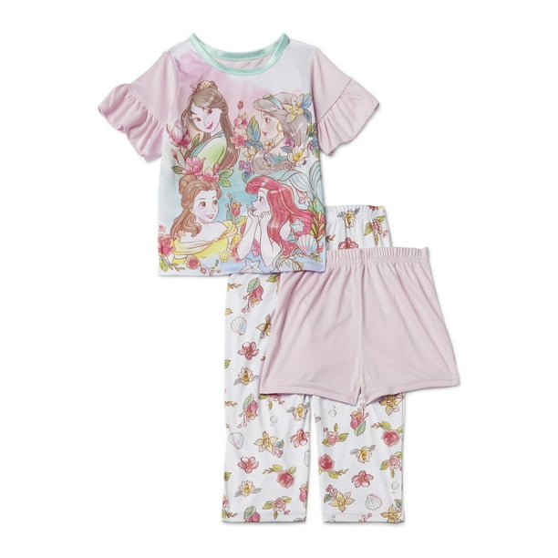 Disney Princess Toddler Girls Loose Fit Short Sleeve Pajamas, 3pc Set (2T-4T)