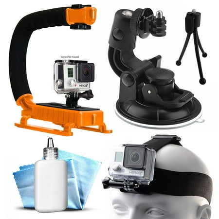 Opteka xGrip Stabilizing Action Grip Handle Handheld Holder (Orange) , Car Mount+ Head Strap, Mini Tripod, Dust Removal Cleaning Care Kit for GoPro Hero4 Hero3+ Hero3, Camera