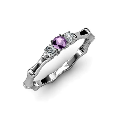 Amethyst with Side Diamond (SI2-I1 G-H) Three Stone Bamboo Ring 0.29 ct tw in 14K White Gold.size 9.0
Amethyst with Side Diamond (SI2-I1 G-H) Three Stone Bamboo Ring 0.29 ct tw in 14K White Gold.size 9.0