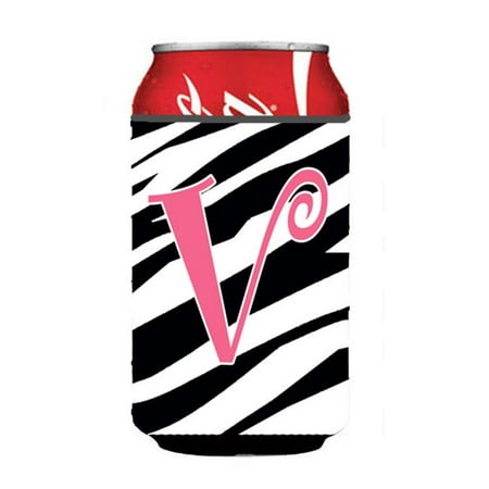Letter V Initial Monogram - Zebra Stripe And Pink Can Or Bottle Hugger