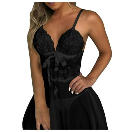 

EHTMSAK Nightgown Chemise for Women Sexy Teddy Lace Babydoll Mesh Bow Sleepwear Black L