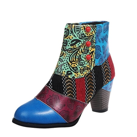 Tangnade Casual Shoes Fashion Womens Shoes Breathable Chunky High Heels Retro Zipper Short Boots