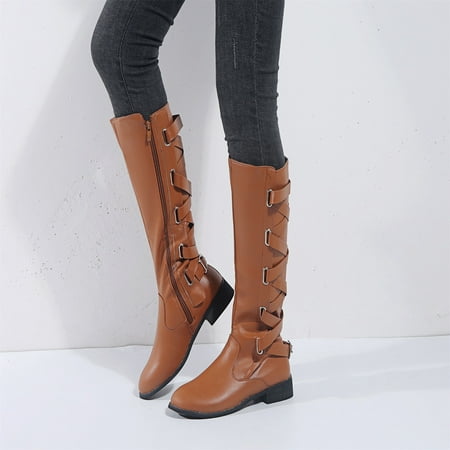 

VEKDONE Valentine s Day Deals Fashion Plus Size Boots Women Autumn Long Tube Lace Up Long Tall Wide Mid Calf Heel Cowgirl Cowboy Boots
