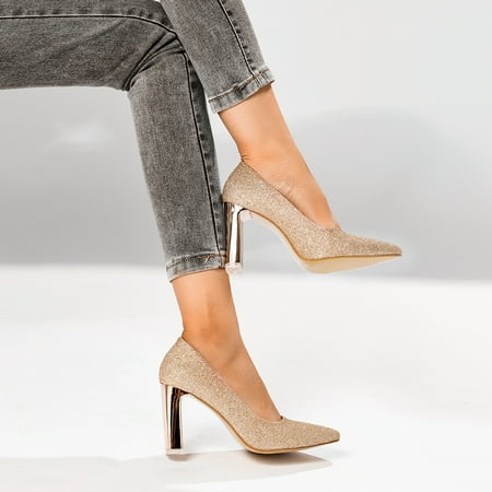 Women‘s Glitter Chunky High Heels Pointed Toe Anti-slip Shoes Solid Color Slip On Shoes
Women‘s Glitter Chunky High Heels Pointed Toe Anti-slip Shoes Solid Color Slip On Shoes