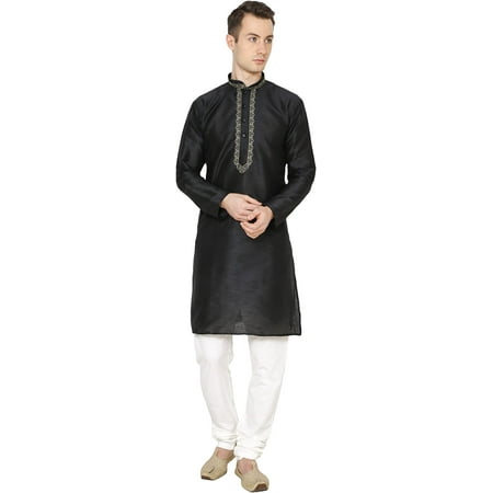 Royal Kurta Mens Silk Blend Kurta Pyjama Set (42 Black-Neck Embroidery)