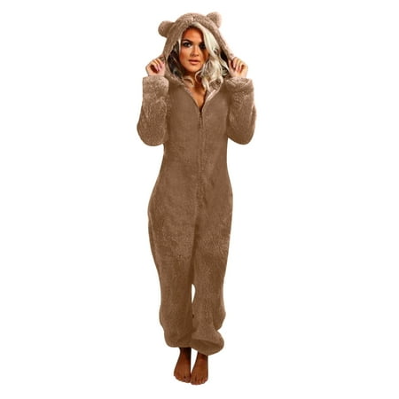 Women Long Sleeve Hooded Jumpsuit Pajamas Casual Winter Warm Rompe Sleepwear