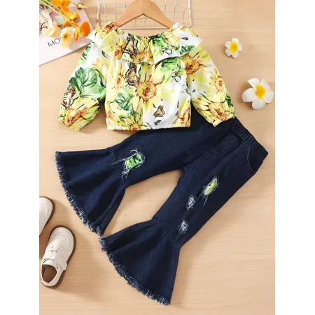 GEDER-F1 2pcs Girls Ruffle Long Sleeves Sunflower Print Tops & Elastic Waist Ripped Flare Leg Denim Pants Set Kids Clothes
GEDER-F1 2pcs Girls Ruffle Long Sleeves Sunflower Print Tops & Elastic Waist Ripped Flare Leg Denim Pants Set Kids Clothes