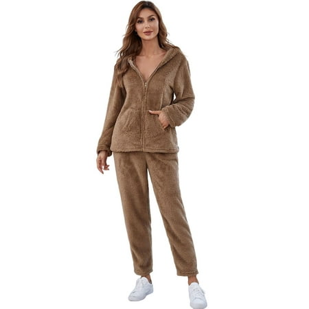 

Pajama Sets for Women Soft Womens Pajama Sets Women s Autumn and Winter Plush Plain Color Hooded Zipper Top Ninth Pants Casual Home Suit Nightgowns for Women Flannel Pajamas Women Khaki M