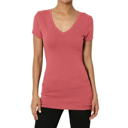 TheMogan Women's Plain Basic V-Neck Slim Fitted Short Sleeve T-Shirts Stretch Tee