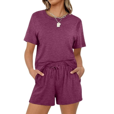 ZXZY Women Plain Crewneck Short Sleeve Elastic Waist Pockets Pajamas Set