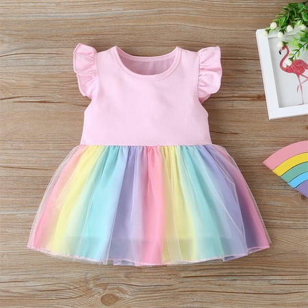 Girl Ruffles Fly Sleeve Dress Rainbow Mesh Yarn Stitching A-line Princess Dress