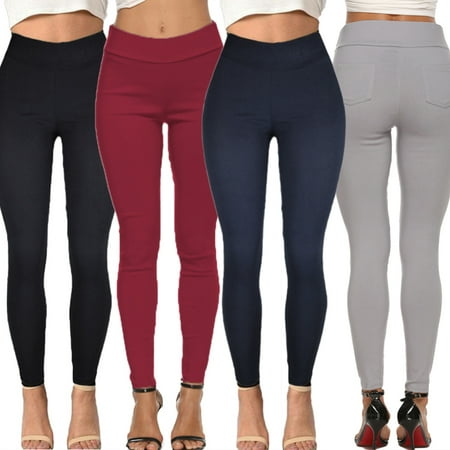 Taluosi Casual Women Solid Color High Waist Elastic Waistband Ass Pockets Skinny Pants