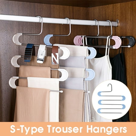S-Type Pants Hanger Organizer 5 Layers Clothes Trousers Holder Closet Storage Folding Multi-Tiered Non-Slip - Space Saving Hanger for Pants, Trousers, Jeans, Scarves