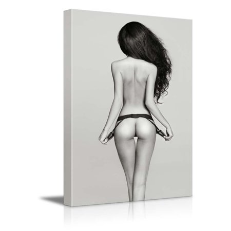 Wall26 - Canvas Prints Wall Art - Exotic Nude Model in Black Garter Belt Lingerie - 12" x 18"