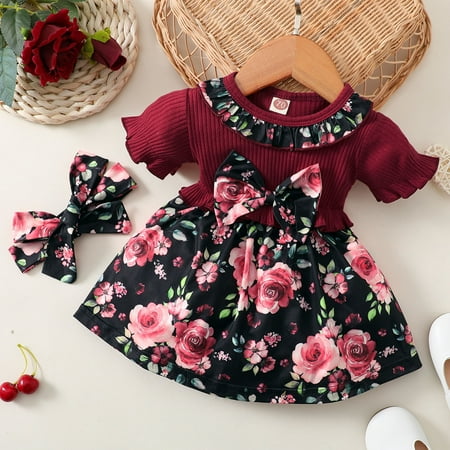 Huilaibazo Girls Dress Toddler Girls Short Sleeve Ribbed Bowknot Dresses Ruffles Flower Printed Princess Dress Headbands Set