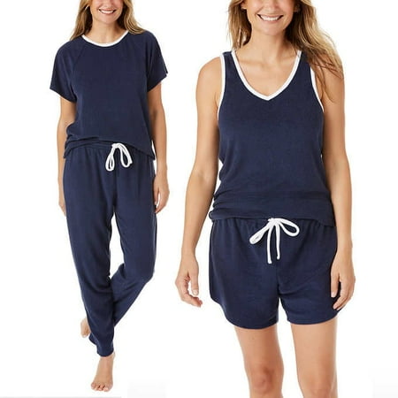 Lucky Brand Ladies 4-Piece Terry Pajama Set Navy Large