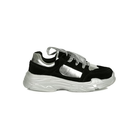 Women Metallic Trim Lace-Up Flatform Sneaker 18800