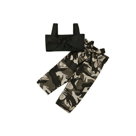 COUTEXYI Little Girls Outfit Knotted Suspender Top Camouflage Printing Pants