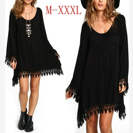 Summer Women Long Sleeve Asymmetric Hem Tassel Dress black XXXL