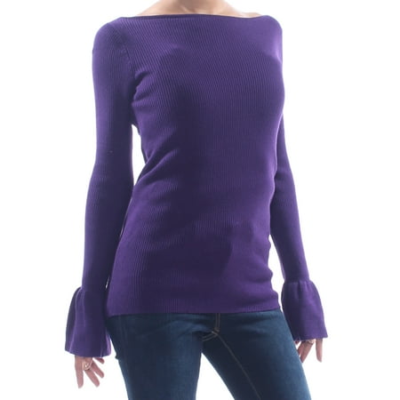 RALPH LAUREN Womens Purple Ribbed Bell Sleeve Boat Neck Top Size: L