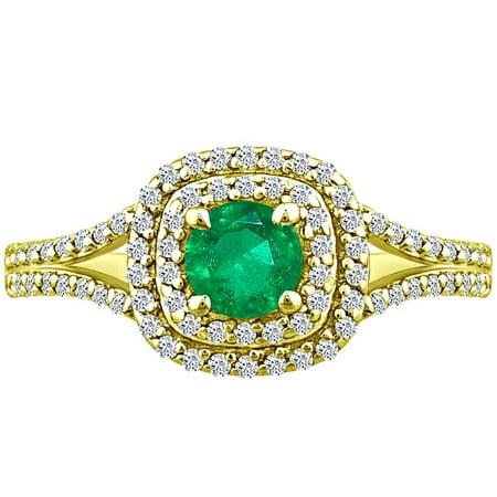 Ring Double Halo Round Emerald & Natural Diamond 1.12 tcw Solid 10k Yellow Gold