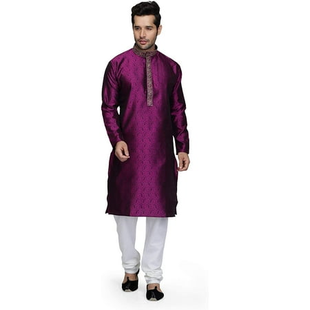 Royal Men s Jacqaurd Silk Embroidered Kurta Pyjama Set (42 Purple)
