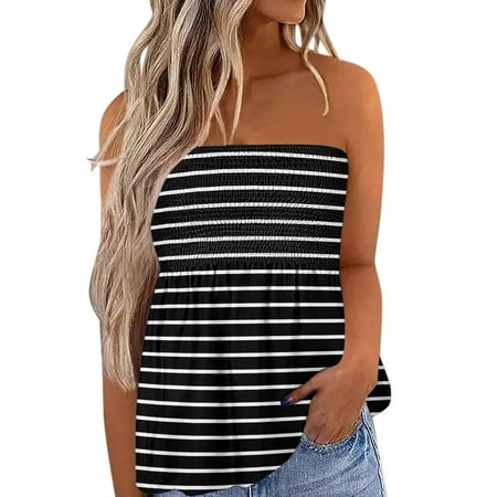 

Women Stripe Strapless Bandeau Tank Casual Sleeveless Summer Vacation Loose Holiday Tube Top Shirt Blouse Pleated Stretch Tunic Tanks Top Running T Shirt Women 34b Shelf Bra