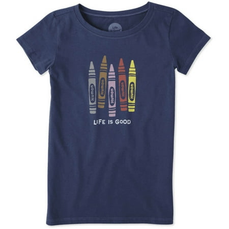 Life is Good. Girls Short Sleeve Tee: Human Crayons Darkest Blue