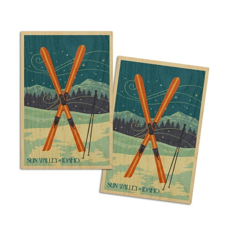 

Sun Valley Idaho Crossed Skis Letterpress (4x6 Birch Wood Postcards 2-Pack Stationary Rustic Home Wall Decor)