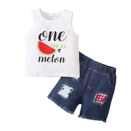Kucnuzki 3T Toddler Boy Summer Outfits Shorts Sets 4T Sleeveless One In A Melon Letter Printing Tank Tops Elastic Ripped Denim Shorts 2PCS Set White
Kucnuzki 3T Toddler Boy Summer Outfits Shorts Sets 4T Sleeveless One In A Melon Letter Printing Tank Tops Elastic Ripped Denim Shorts 2PCS Set White