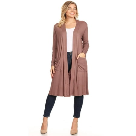 MOA COLLECTION Women's Solid Casual Loose Fit Long Sleeve Pocket Open Front Duster Cardigan