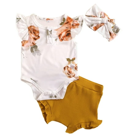 Baby Toddler Girls Outfit Set Fly Sleeve Floral Prints Tops Shorts Romper Bodysuit Headbands Outfits For 12-18 Months
Baby Toddler Girls Outfit Set Fly Sleeve Floral Prints Tops Shorts Romper Bodysuit Headbands Outfits For 12-18 Months