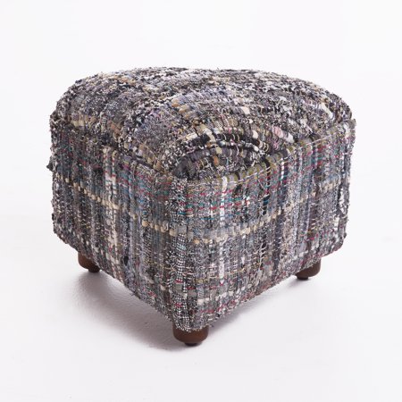 Daario Fabric Ottoman with Mango Wood Frame, Multi Pepper