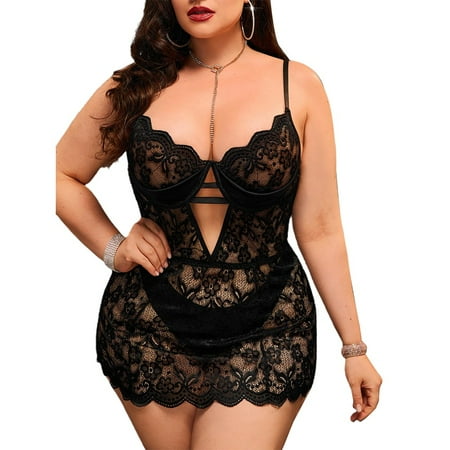 Plus Size Women Sexy Lingerie Lace Nighdress Pajamas Nightgown Suspenders Dress