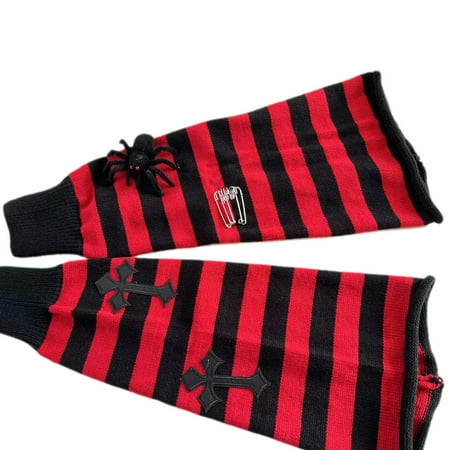 SIEYIO Harajuku Women Leg Warmers Socks 3D Spider for Cross Metal Pins Striped Knitted Knee High Foot Covers Stockings Streetwe