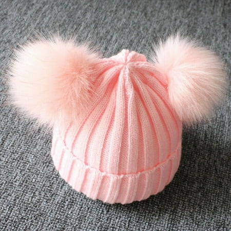 Toddler Baby Knit Hat Scarf Winter Warm Beanie Cap Double Pom Faux Fur Hat Set