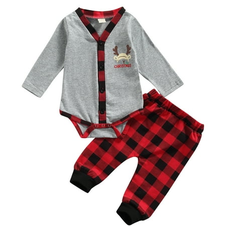 allshope Baby 2Pcs Christmas Outfits Long Sleeve Button Down Letter Romper + Plaid Pants Set
allshope Baby 2Pcs Christmas Outfits Long Sleeve Button Down Letter Romper + Plaid Pants Set