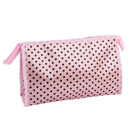Pink Dotted Print Zip Closure Rectangular Makeup Pouch Cosmetic Bag for Women