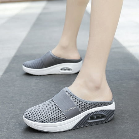 

WGOUP Women s Air Cushion Slip-On Walking Shoes-Breathable With Arch Support Knit Casual Shoes Gray