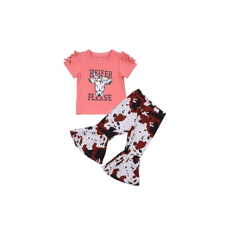 Suanret Toddler Girls Cartoon Letter Print T-shirts Tie Dye Flared Pants Outits